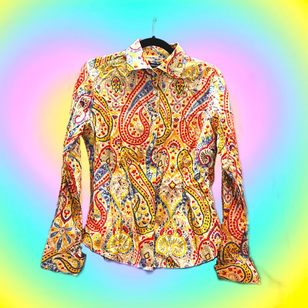 1970s inspired Multi-Colored Paisley Button Down Collared Shirt